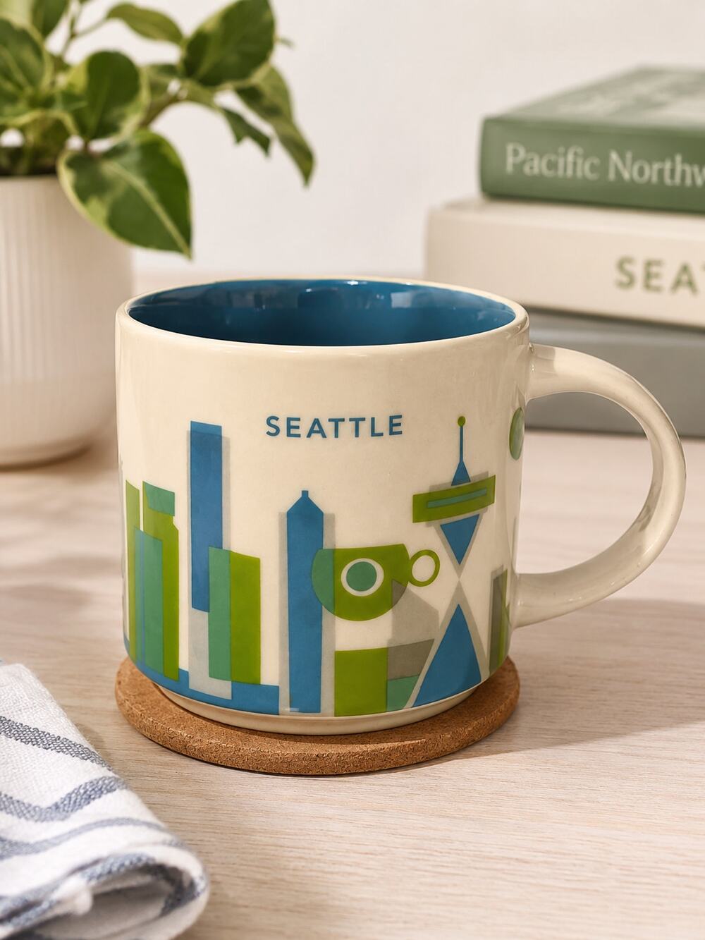 Starbucks Seattle Skyline Coffee Mug Blue Green Cityscape Collector Cup